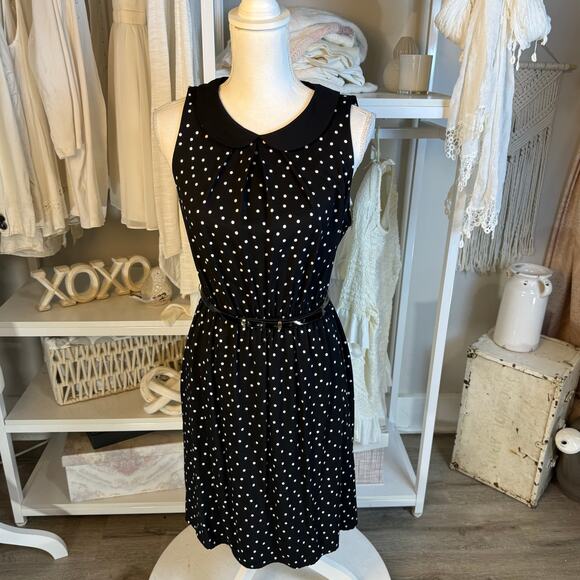 Elle sz. small, black sleeveless, polkadotted, belted fit, and flare dress #3812 - Picture 1 of 9